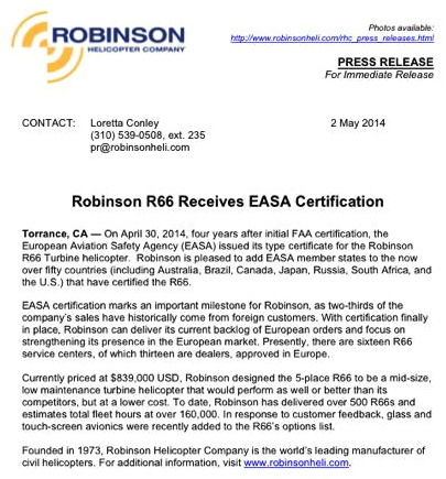 Le communiqué de Robinson Helicopter Company page 1 - Document © Robinson