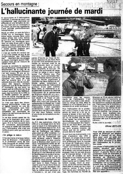 Article du Dauphiné Libéré du 8 août 1985 - Document DL