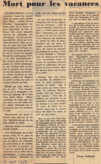 Article intitulé : "Mort pour les vacances" - Un article de Pierre Veilletet pour le journal sudouest publié le 16 août 1974 – © sudouest.fr