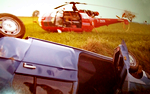 Intervention sur accident de voiture ; L'Alouette 3 F-ZBDN posée dans dans un champ en arrière-plan - Photo collection F. Delafosse