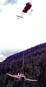Descente vers la DZ des Bois d'un avion Jodel accidenté dans le massif avec le SA 315B Lama de Pascal Brun (CMBH) durant l'été 1984 - Photo © Josée Mermoud-De Vérité
