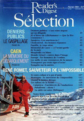 René Romet posant avec la SA341G Gazelle F-GEHE fait la couverture de Rider's Digest avec un article intitulé : "René Romet, Sauveteur de l'impossible" (Rider's Digest Selection - page 112 du n°564 du 01-02-1994) - Photo DR