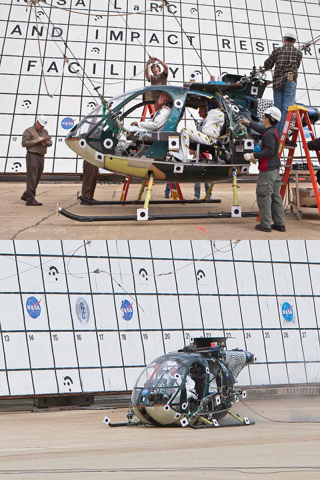 The MD-500 before and after the drop test. Crédit : NASA/Sean Smith