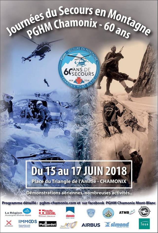 Affiche des Journées du secours en montagne, du 15 au 17 juin 2018 à Chamonix - " 60 ans de secours en montagne " 