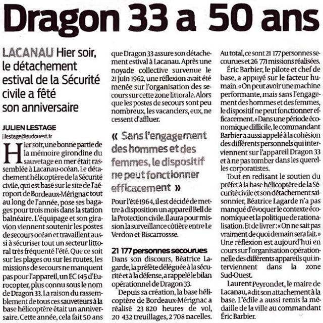 Article " Dragon 33 a 50 ans - Article sudouest.fr