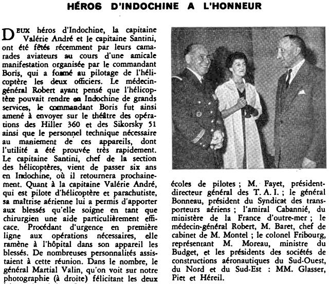 Photo à l'Hôtel George V ors d'une réception, de G à D : capitaine Alexis Santini, capitaine Valérie André et le général Martial Valin - Article Mai 1953 titre "Héros d'Indochine à l'honneur" (semaine du 16 au 23 mai 1953) - Document DR 