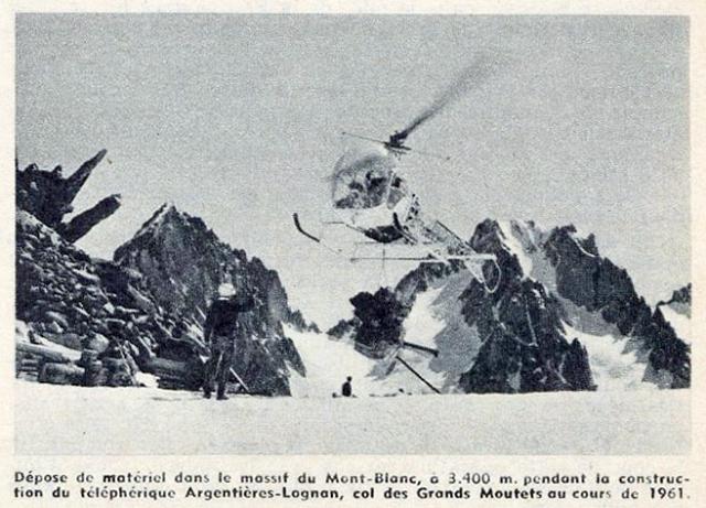Bell 47 G2 Gyrafrance au col des Grands Montets lors de la construction du téléphérique Argentière-Lognan en 1961 - Photo DR AVIATION Magazine de l'espace