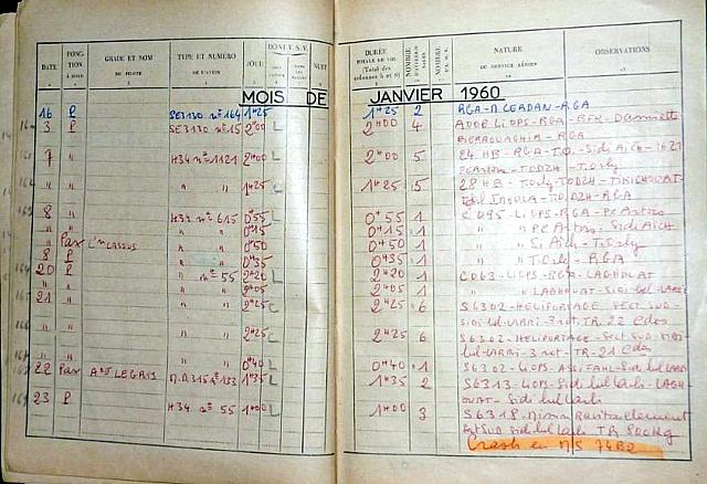 Carnet de vol Sikorsky H-34 et Alouette 2 de Valérie André en Algérie Janvier 1960 - Photo Dr collection Valérie André