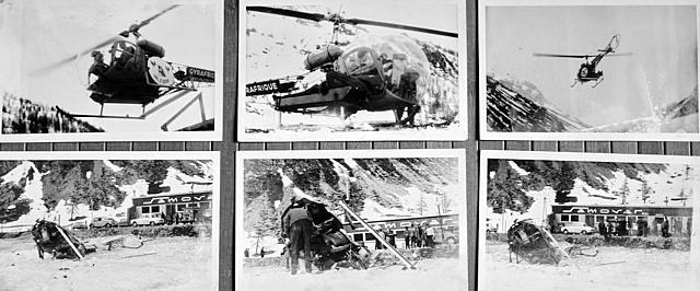 Crash Bell 47 G2F-BILG Gyrafrique à Val d'Isère devant Hotel Samovar, le 20 avril 1960 - Photos DR