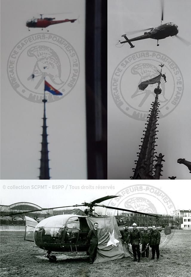Alouette 3 F-ZBDC BSPP lors de la mission du fameux drapeau, le 19 janvier 1969 - Photos DR collection SCPMT (Section Conservation du Patrimoine, Mémoire et Traditions)