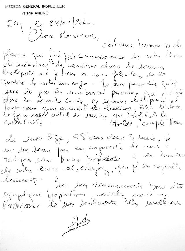 Courrier du Général Valérie André, 23 janvier 2020 concernant le manuscrit du livre "Au cœur de l'Alouette" de Francis Delafosse - Document DR Francis Delafoose