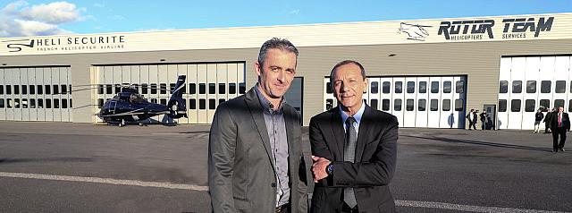 Sébastien Parmier, à la tête de Rotor Team, et Dominique Romet, aux commandes d'Héli Sécurité. Un hangar, deux sociétés et de multiples compétences : le transport de personnes en hélicoptère, la maintenance des appareils et la formation d'instructeurs et de pilotes. Photo Le DL