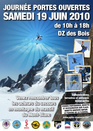 Affiche de la JPO du secours en montagne le samedi 19 juin 2010 sur la DZ Jean-Jacques Mollaret à Chamonix